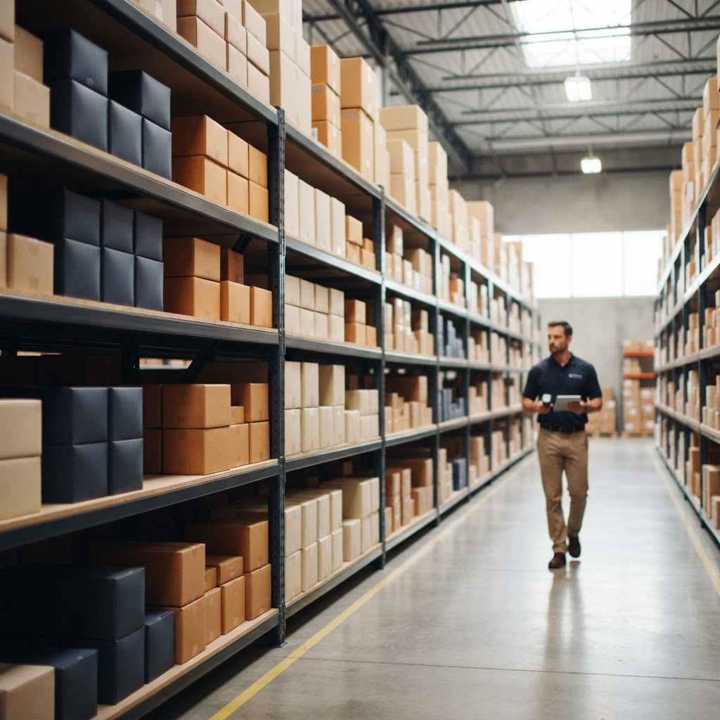 Organized wholesale distribution warehouse with neatly stocked shelves of consumer products